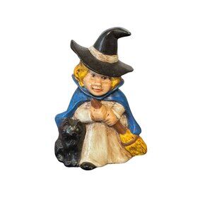 Vintage Hand-Painted Ceramic Witch Figurine With Cat & Broom